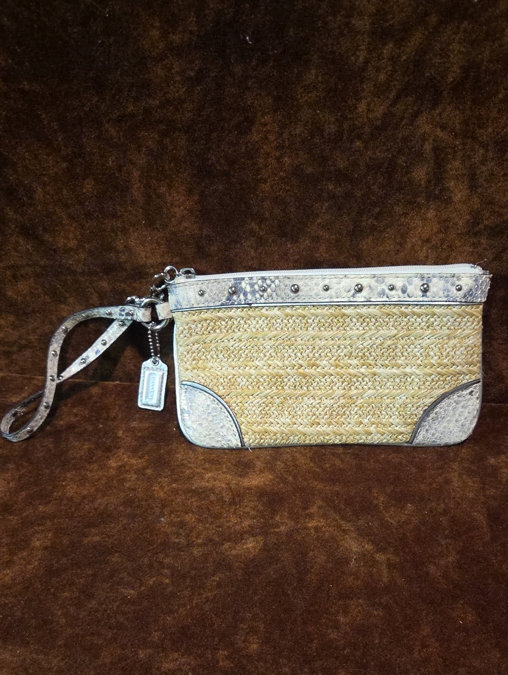 Coach Straw Wristlet with Cream Snake-Embossed Trim